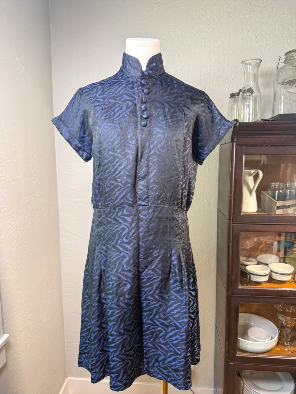 TOGA PULLA Satin Jacquard Navy High Neck Japan Designer Size 1